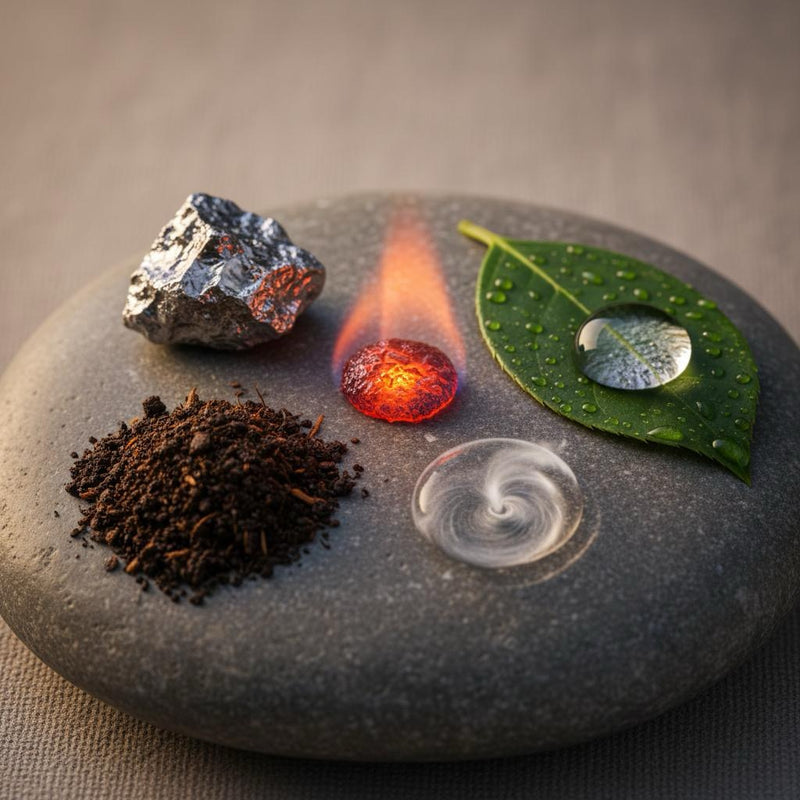 The five elements on a smooth stone: metal ore, a glowing ember, a green leaf with a water drop, rich earth and a swirl of air