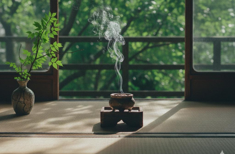 Incense smoke rising in a quiet Japanese tatami room open to a green garden