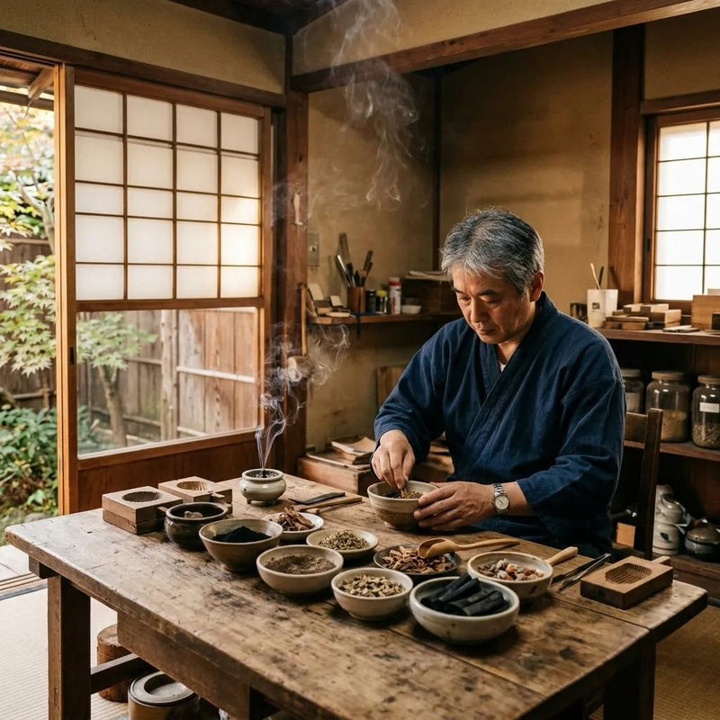 An incense maker blending raw ingredients at a wooden table in a traditional Japanese workshop