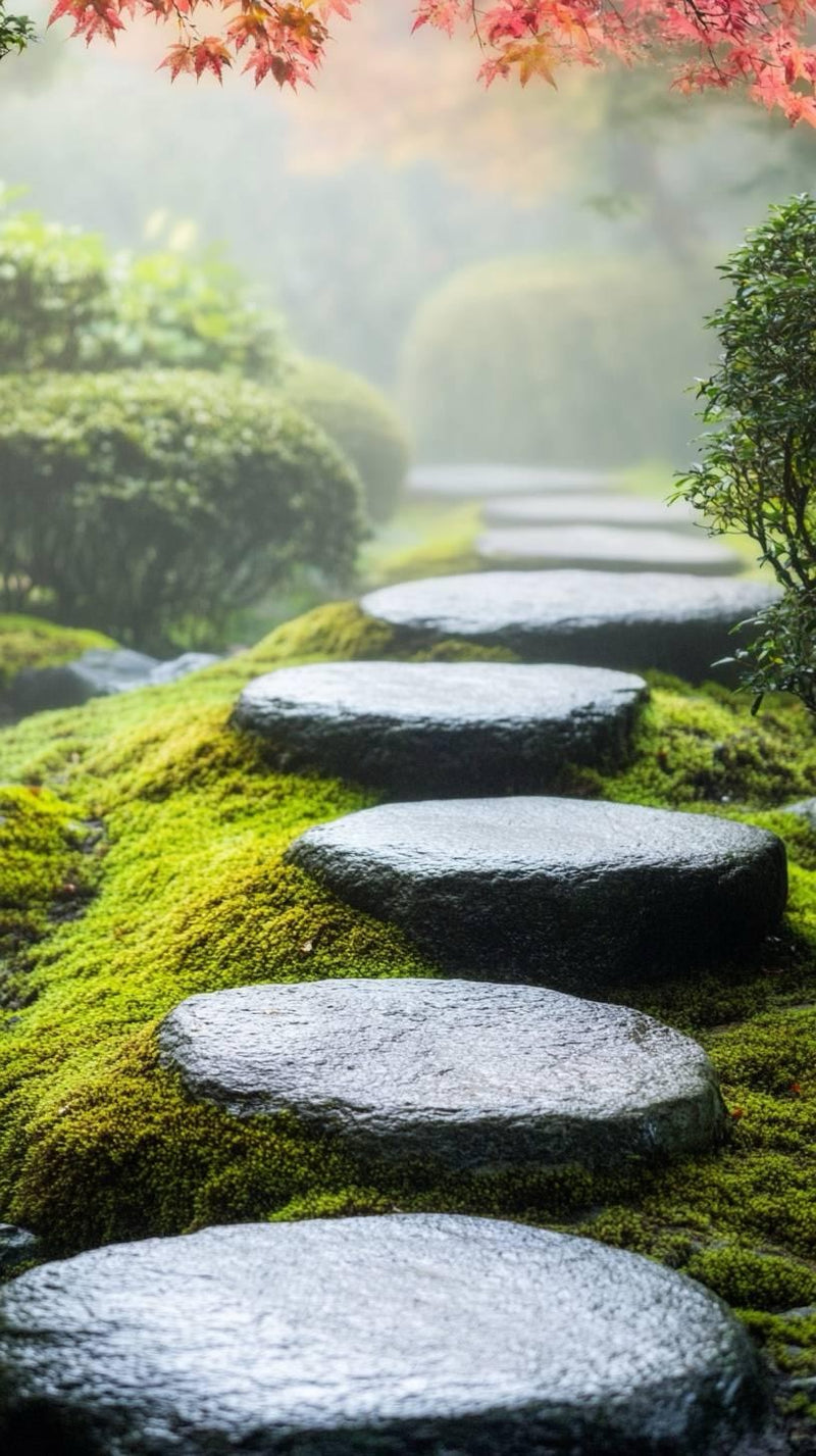 Stepping stones through a moss garden under red maple leaves